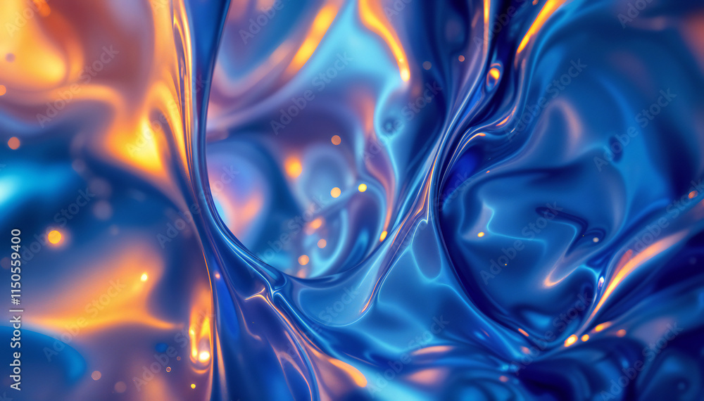 Wall mural A fluid, abstract composition featuring swirling patterns of blue and orange hues, with shiny, reflective surfaces and soft highlights that create a sense of depth and movement.