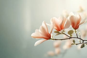Beautiful magnolia flowers blooming gracefully on a branch in soft natural light, capturing spring's essence