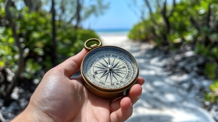Hand holding compass, path to beach.