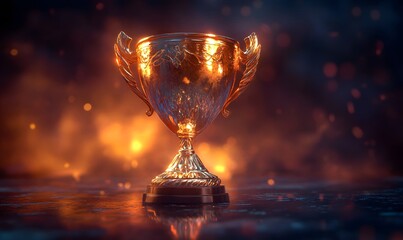 golden trophy on a reflective surface with soft spotlighting