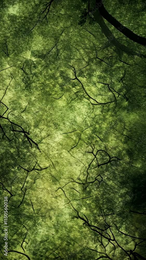 Poster overhead view of lush green foliage illuminated by sunlight filtering through branches in a serene f