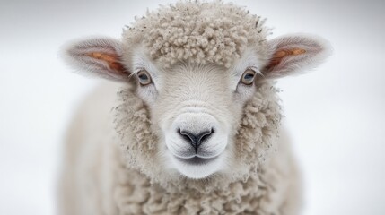 Close-up portrait of a fluffy white lamb looking directly at the camera against a bright background.