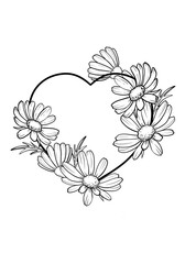 Contour illustration of a heart with daisy flowers. Black outline on a white background in line art style. Minimalistic style . ideal for cards, invitations, coloring books, design projects. 