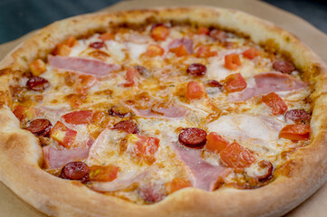 details of the pizza application; juicy pizza from the oven with mushrooms, tomatoes and bacon and sprinkled with parmesan cheese