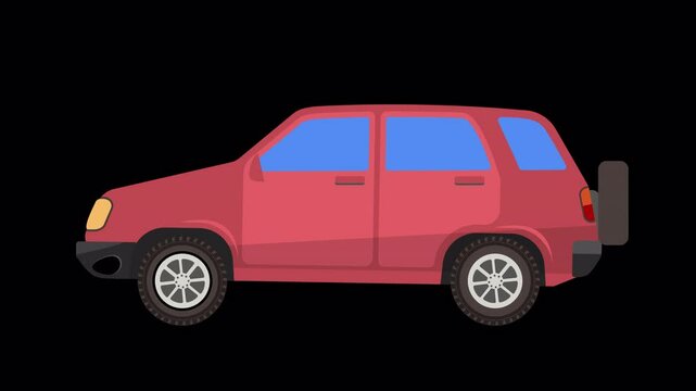 2D cartoon suv or cuv red car side view moving animation, transparent background on alpha channel, car animated 4k, seamless loop animated