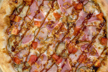 details of the pizza application; juicy pizza from the oven with mushrooms, tomatoes and bacon and sprinkled with parmesan cheese