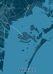 A detailed map of Venice, Italy, rendered in shades of blue. The map highlights the city's intricate network of canals and islands, with white lines representing streets and waterways.