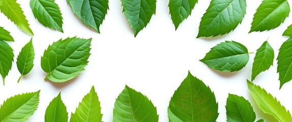 Green leaves, vibrant foliage, botanical illustration, white background, scattered pattern, fresh, natural, organic, crisp details, high contrast, macro photography, leaf veins visible, various leaf s