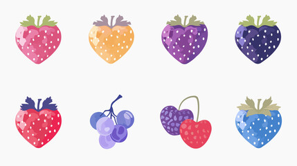 Heart Shaped Berries Icon Set - Flat Vector Illustration