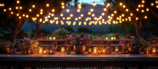 Obraz premium Outdoor dining table with string lights and flower arrangements.