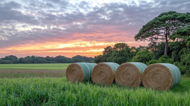 Hay bales in a field at sunset.