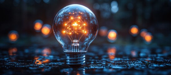 Glowing lightbulb with network inside, dark background.