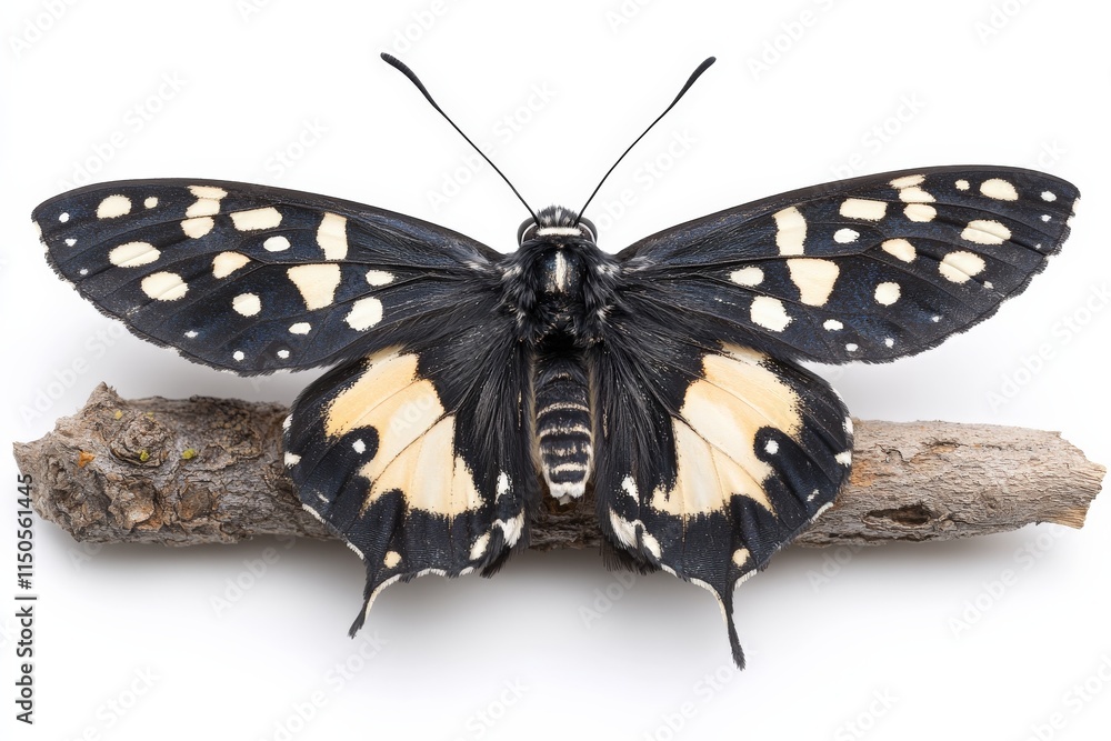 Poster black and white butterfly resting on a twig with spread wings showcasing unique patterns and colors