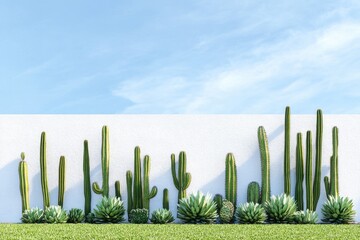 Vibrant Cactus Garden Against a White Wall, with Lush Green Grass and a Clear Blue Sky