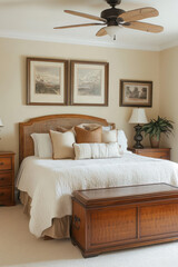 Fototapeta premium cozy bedroom featuring oak bed, decorative pillows, and framed artwork. warm tones and natural elements create serene atmosphere, perfect for relaxation