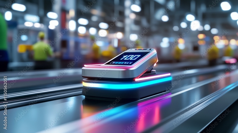 Poster automated barcode scanner on conveyor belt - futuristic automated barcode scanner on a conveyor belt