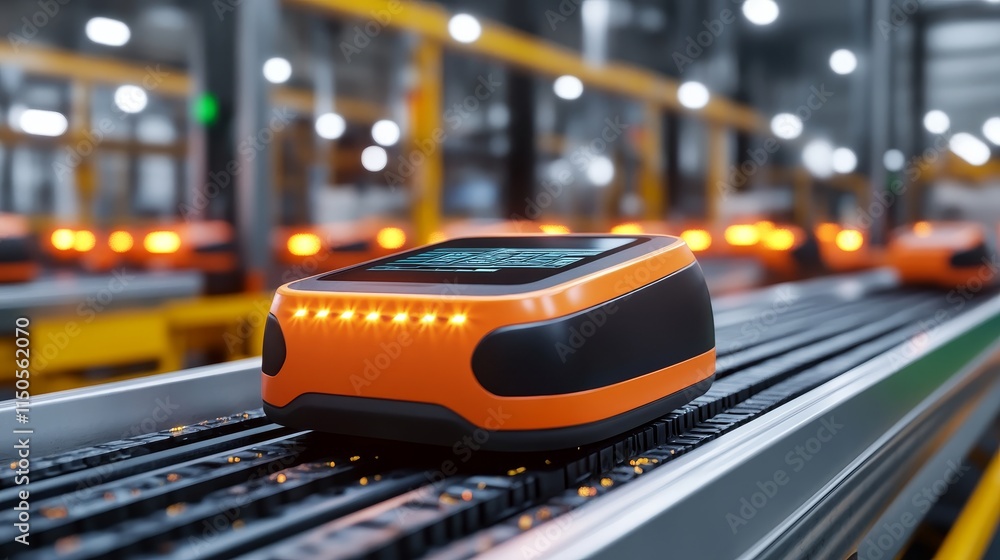 Poster automated barcode scanner on conveyor belt - automated warehouse, robotic scanning, efficient logist