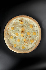 details of the pizza application; juicy pizza from the oven with mushrooms, tomatoes and bacon and sprinkled with parmesan cheese