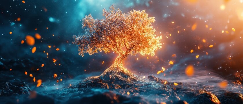 Glowing tree sprouting from rocky surface in a mystical landscape at twilight
