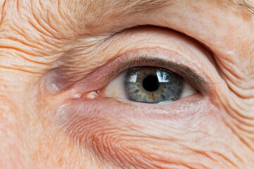 Fototapeta premium Close-up of old woman's eye, wrinkles. Macro Eye of Female Senior. Detail of older woman with green eyes. Elderly person look up side view. Wrinkled face of aged lady. Optical symptoms, health concept