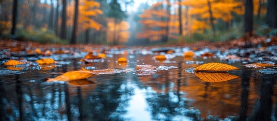 Golden autumn leaves float on a puddle reflecting trees.