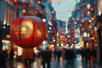 Fototapeta premium A vibrant street scene adorned with red lanterns to celebrate Lunar New Year, creating a festive atmosphere.