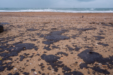 Fuel oil stains on the Black Sea coastline. Environmental disaster, environmental pollution. Oil spill