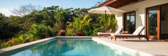 Fototapeta premium Discover Tranquility To Paradise Poolside Escape - Serene poolside retreat, lush tropical foliage, sun-drenched relaxation, tranquil ambiance, peaceful getaway.