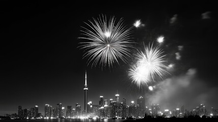 Dramatic Black and White Fireworks Over Cityscape - Celebration, joy, light, spectacle, urban. A stunning black and white image of fireworks exploding over a city skyline at night.