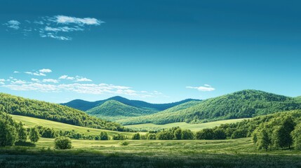 Naklejka premium Serene Green Hills under a Summer Sky: A Breathtaking Panorama of Rolling Hills and Lush Meadows