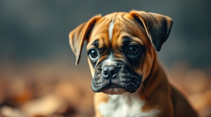 A tiny Boxer puppy is loosening up, exploring its surroundings with a curious gaze, showcasing its playful nature. The soft autumn light enhances its charm