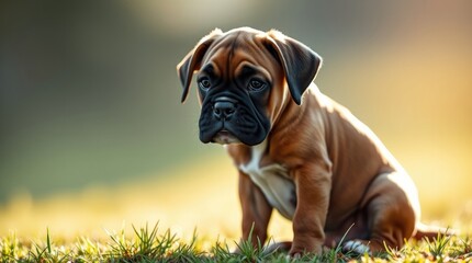 A tiny boxer puppy is happily loosening up while sitting in soft grass under warm sunlight in a serene park setting during the afternoon