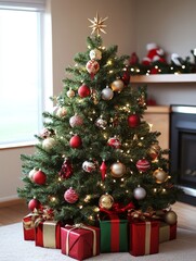 Festive Christmas Tree Decorated with Ornaments and Gifts - A majestic Christmas tree adorned with red and gold ornaments, sparkling lights, and presents underneath, symbolizing joy, celebration, warm
