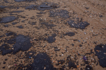 Fuel oil stains on the Black Sea coastline. Environmental disaster, environmental pollution. Oil...