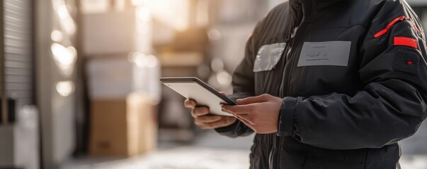 Courier professional handling a tablet device outdoors during a sunny day