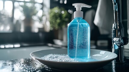 A blue liquid soap dispenser on a plate with bubbles, set in a kitchen environment.