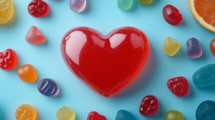 Obraz premium Jelly Fruit Heart Assortment on Blue - A red jelly heart surrounded by an assortment of colorful jelly candies. Symbolizing love, sweetness, joy, happiness, and vibrant energy.