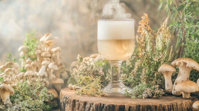 Zen Elixir - Captivating Lion's Mane Mushroom Tea with Herbs on Rustic Table, Infusing Wellness and Tranquility in Ultra-Detailed Shot