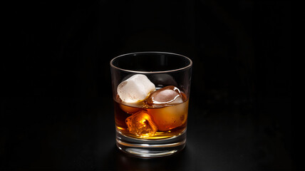 Whiskey on the rocks in a glass on a black background