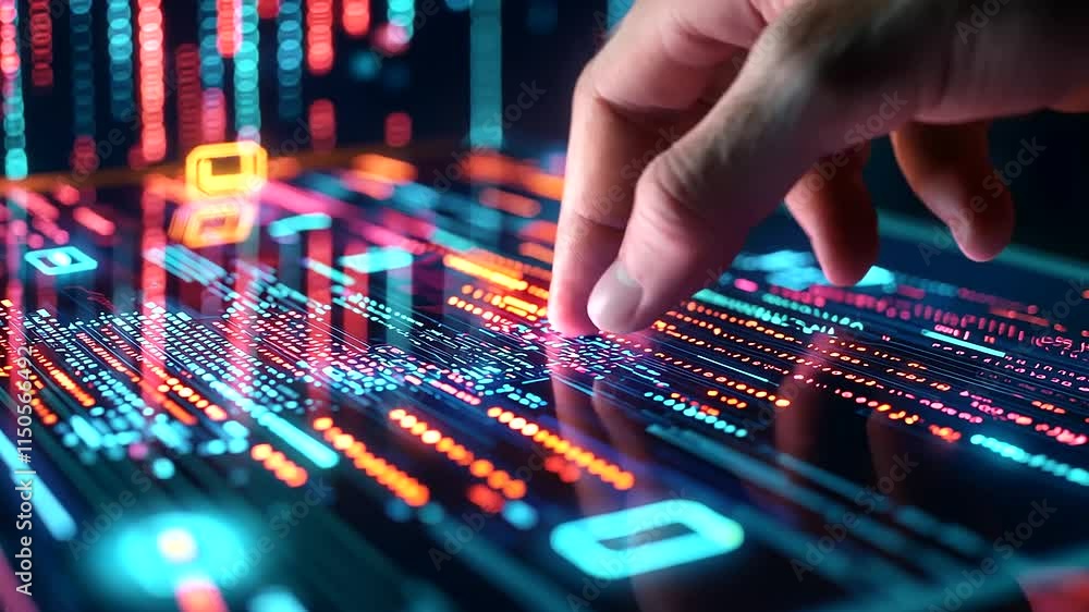 Poster hand navigating code on glowing tablet with holographic projections