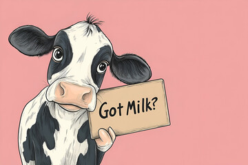 Cute cow cheerfully asks if you got milk while holding a sign against a soft pink backdrop