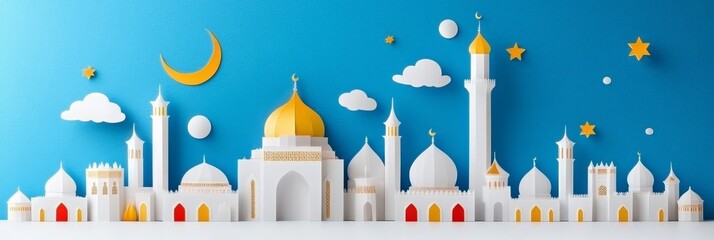 Obraz premium Peaceful Cityscape at Night - Serene night scene, moonlit mosques, stars, clouds; symbolizes peace, faith, spirituality, community, and hope.