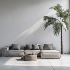 Contemporary Gray Living Room Design Featuring a Sofa and Palm Tree, Showcasing Scandinavian Aesthetics in a Serene 3D Environment