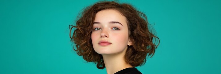 Portrait of a Young Woman with Curly Brown Hair - A captivating portrait of a young woman, showcasing her natural beauty and curly brown hair. The image conveys youth, confidence, and a sense of effor
