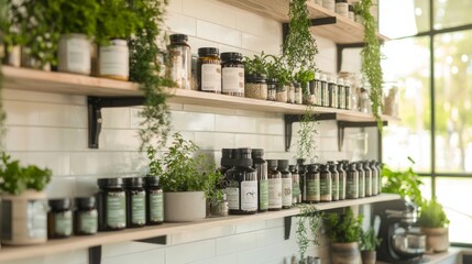 Energizing Health Oasis: Vibrant Kitchen Shelf with Lion's Mane Supplements, Herbs, and Spices Illuminated by Natural Light
