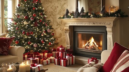 Cozy Christmas Living Room with Decorated Tree and Fireplace