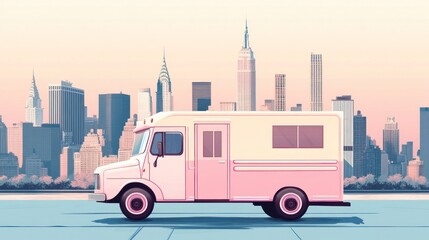 Pink vintage food truck in city.