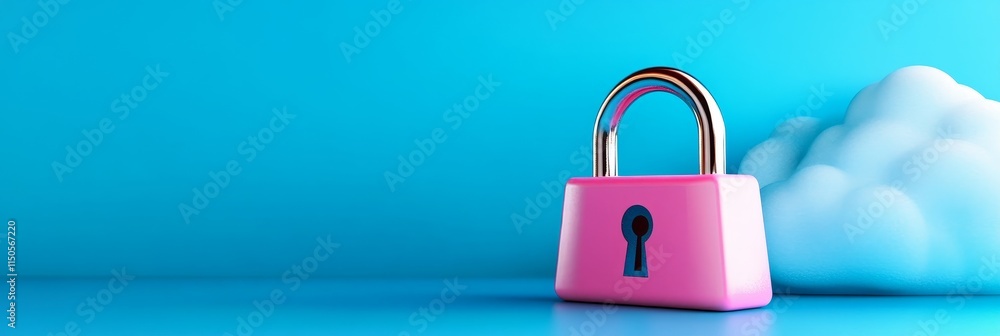 Poster secure cloud storage encryption safekeeping - pink padlock symbolizes data protection, cloud represe