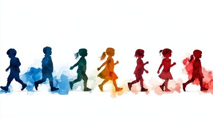 Obraz premium Silhouettes of Children Playing in Abstract Watercolor - Colorful silhouettes of children playing, symbolizing childhood, joy, growth, unity, and freedom. A vibrant image perfect for education, famil