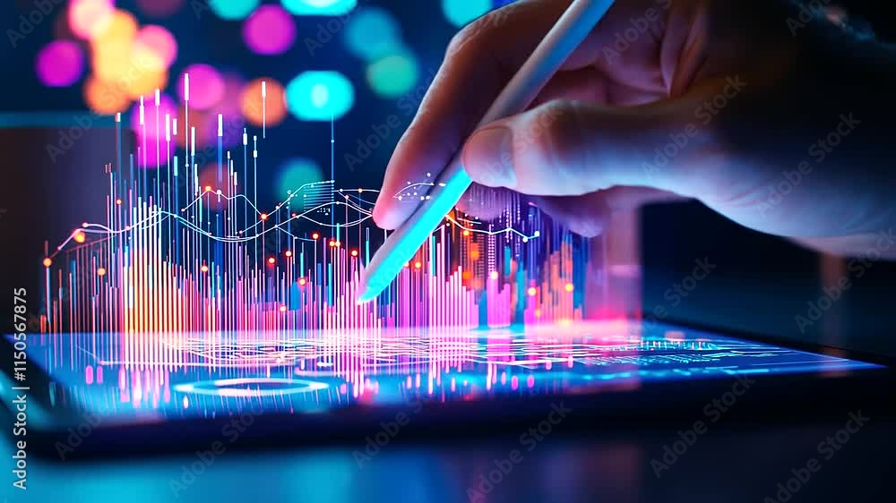 Aufkleber hand using stylus on tablet with holographic data interface